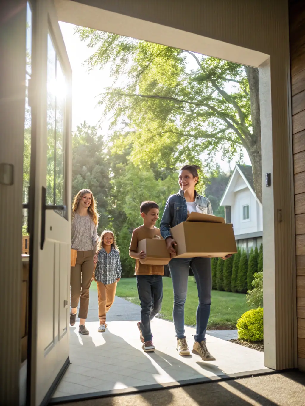 A family happily entering their new home after a move, symbolizing the joy and ease Easygo Movers provides.