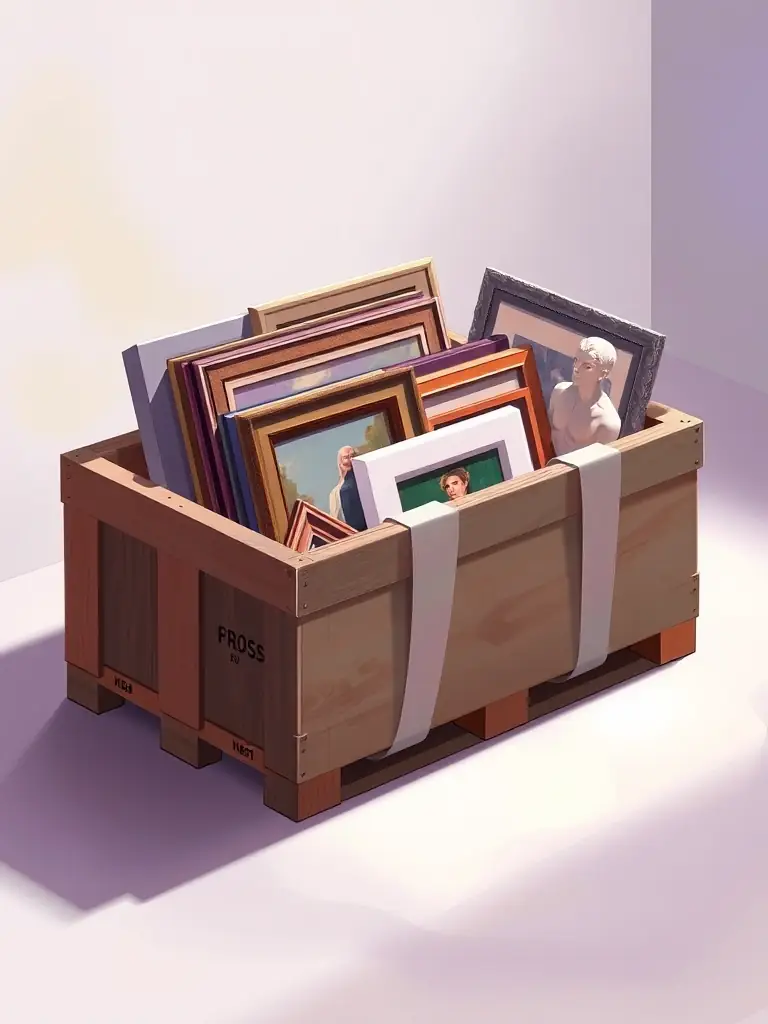 A specialized moving crate containing delicate artwork, highlighting the care taken for specialized moving services.