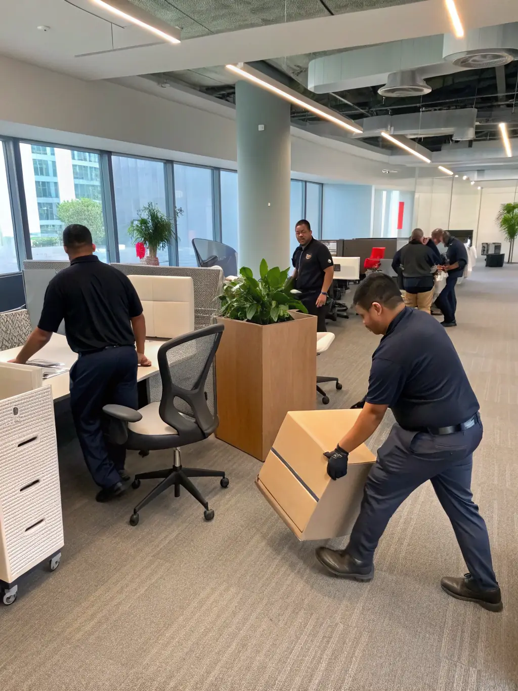 A professional team moving office desks and equipment in a commercial building, showcasing Easygo Movers' corporate relocation services.