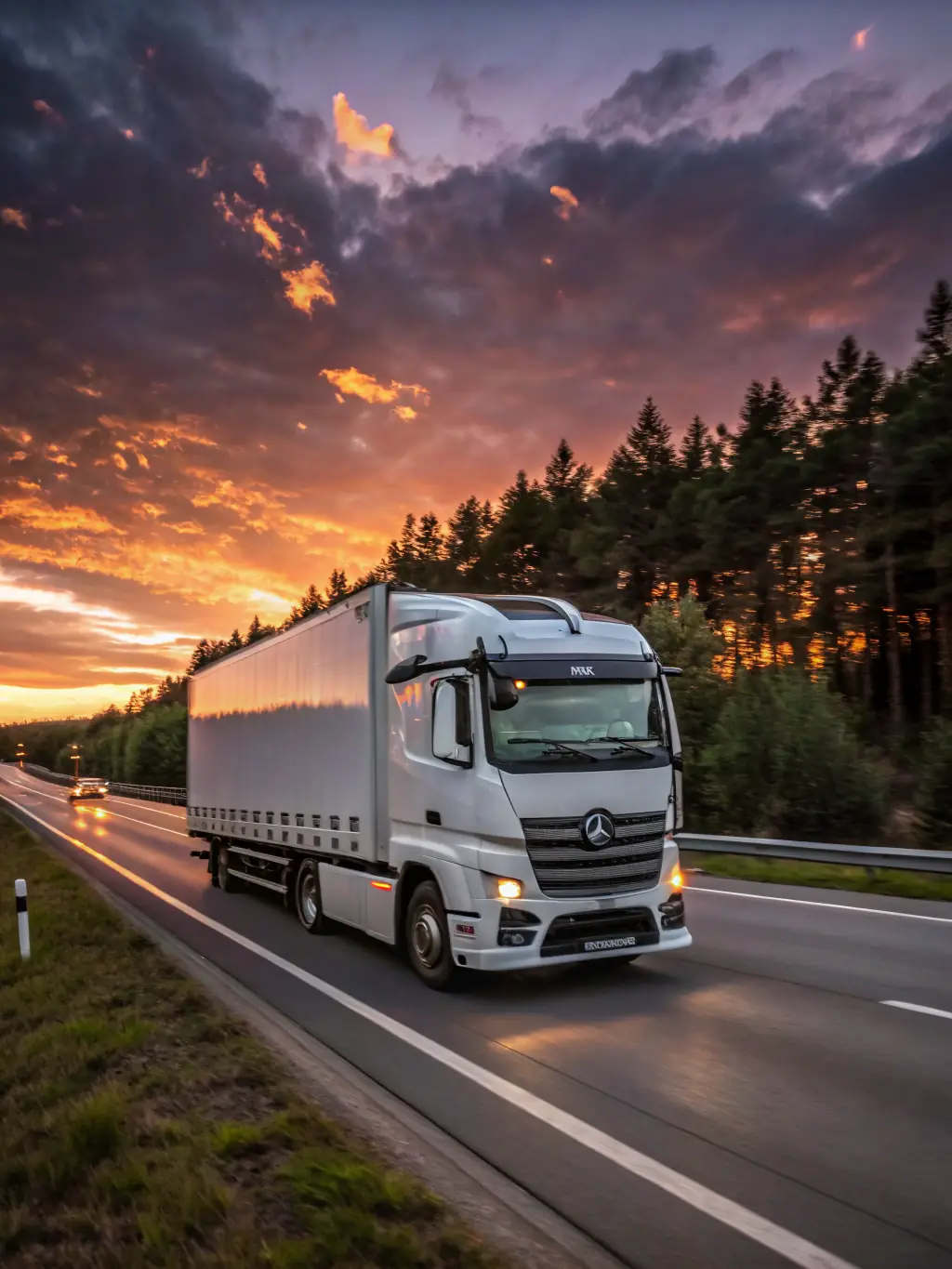 A moving truck on a highway with a scenic background, symbolizing cross-state relocation for Easygo Movers' long-distance moving service.