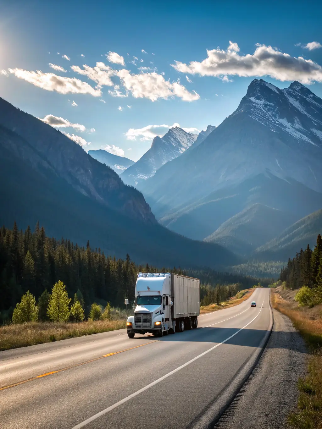 A long-distance moving truck on a highway, with scenic landscapes in the background, symbolizing cross-state relocation.