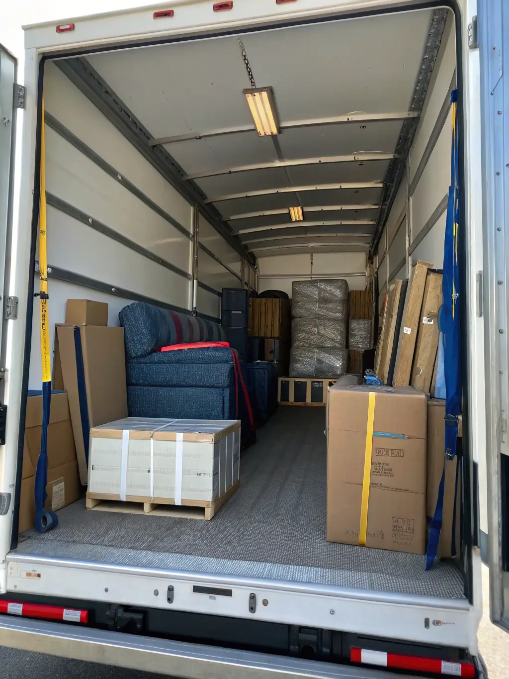A brightly lit, organized moving truck interior, showcasing packed boxes labeled 'Fragile' and 'Kitchen, ' suggesting a local residential move.